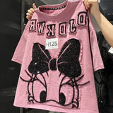 VINESU H125 🎀 H126 🔥 2026 Trend: Daisy Sequin Embellished Washed Vintage Oversized Heavy Detail Tee