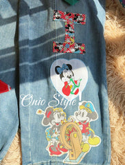 Vinesu A58 - Handmade Retro Mickey Patchwork Wide-Leg Jeans | 90s Nostalgia Custom Denim (No Belt Included)
