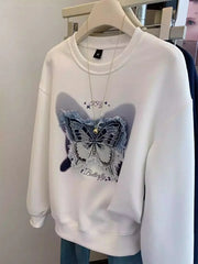 VINESU Casual Streetwear: White Sweatshirt Denim Butterfly Patch