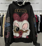 VINESU Y202 - Vintage Wash Daisy Duck Distressed Patchwork Hoodie