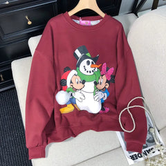 VINESU Christmas MK Cartoon Print Hand-Applied Beads Crewneck Sweatshirt