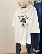 VINESU Slate Gray Lace-Trimmed T-Shirt with Hand-Sewn Beadwork