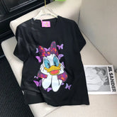 VINESU Sparkly Daisy Duck with Purple Butterflies – Black Edgy-Cute Short-Sleeve Tee