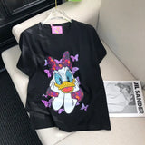VINESU Sparkly Daisy Duck with Purple Butterflies – Black Edgy-Cute Short-Sleeve Tee