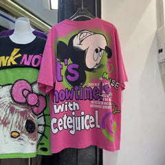 A194 - Oversized Heavyweight 320g Cotton Graphic Tee - Luxury Rhinestone Mickey Streetwear T-Shirt with Double-Sided Print