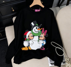 VINESU Christmas MK Cartoon Print Hand-Applied Beads Crewneck Sweatshirt