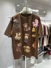 VINESU All-Over Teddy Bear Embroidery Heavyweight Tee