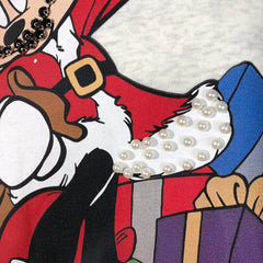 VINESU Christmas MN Cartoon Print Hand-Applied Beads Crewneck Sweatshirt