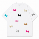 A243 - Handcrafted 3D Bow Accent Cotton Tee – Color Pop Statement T-Shirt
