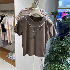 A126 - 220g Heavyweight Cotton T-Shirt with Pre-Layered Beaded Necklace Design - Brilliant Summer Collection Boutique Tee (Available in 4 Colors)