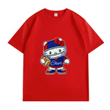 VINESU Sports Style Hello Kitty Football-Themed Textured Embroidered Short-Sleeve T-Shirt