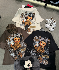 R13 - Pure Cotton T-Shirt - Luxury Hot-Fix Rhinestone Betty Boop Graphic Oversized Crewneck