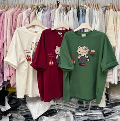 A150 - Hello Kitty Oversized Graphic Tee - 3D Plush Charm & Patch T-Shirt
