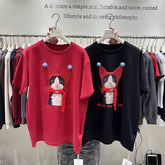 A103 - Oversized Graphic T-Shirt - Cute 3D Cat Print with Real Scarf & Pom-Pom Accents, 220g Premium Cotton Breathable Loose Tee