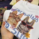 A153 - Cat Graphic Tee - Hand-Crocheted Flower & 3D Embroidered T-Shirt - 220g Heavyweight Premium Cotton