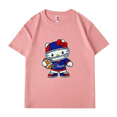 VINESU Sports Style Hello Kitty Football-Themed Textured Embroidered Short-Sleeve T-Shirt