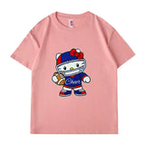 VINESU Sports Style Hello Kitty Football-Themed Textured Embroidered Short-Sleeve T-Shirt