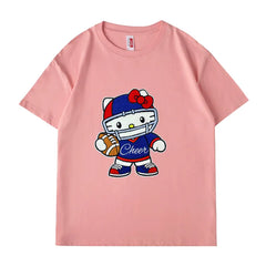 VINESU Sports Style Hello Kitty Football-Themed Textured Embroidered Short-Sleeve T-Shirt