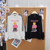 B08 - Pink Rhinestone Teddy Bear Stripe Sleeve Heavyweight Crewneck Sweatshirt