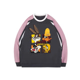 VINESU Looney Tunes 3D Accent Color-Block Sleeve Crewneck Sweatshirt | Retro Streetwear Casual Top