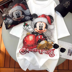 VINESU A08 - New Arrival Christmas Mouse Rhinestone Oversized Tee