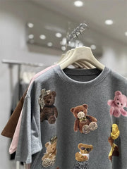 VINESU All-Over Teddy Bear Embroidery Heavyweight Tee