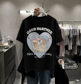 A259 - Good Partner Cat Graphic T-Shirt | 220G Heavy Cotton Tee with 3D Appliqué Details & Handmade Beaded Embroidery