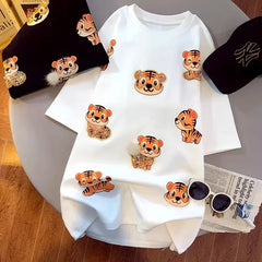 A101 - Oversized Graphic T-Shirt - Cute 3D Sequin Tiger Print Loose Cotton Tee with Pom-Pom Accents