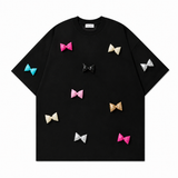 A243 - Handcrafted 3D Bow Accent Cotton Tee – Color Pop Statement T-Shirt