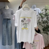 A138 - 2026 New Versatile Cotton Short Sleeve T-Shirt: Mickey Embroidery, Sequins, and 3D Flower Details