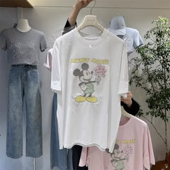 A138 - 2026 New Versatile Cotton Short Sleeve T-Shirt: Mickey Embroidery, Sequins, and 3D Flower Details