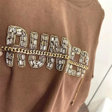 VINESU A27 - Artisanal Rhinestone Letter T-Shirt with Metal Chain Detail
