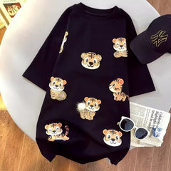 A101 - Oversized Graphic T-Shirt - Cute 3D Sequin Tiger Print Loose Cotton Tee with Pom-Pom Accents