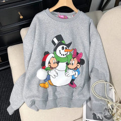 VINESU Christmas MK Cartoon Print Hand-Applied Beads Crewneck Sweatshirt