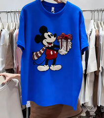 VINESU Christmas MK Mouse Textured Embroidered Red Short-Sleeve T-Shirt