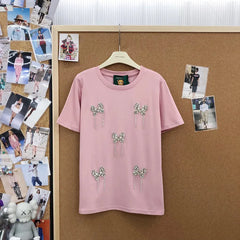 VINESU A26 - Rhinestone Butterfly Tassel Crew Neck Cotton T‑shirt, Soft & Stylish