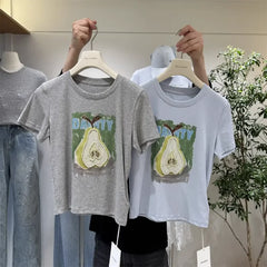 A140 - 220g 100% Cotton Short Sleeve T-Shirt: Pear Pattern, Heavy Hand-beaded Embroidery