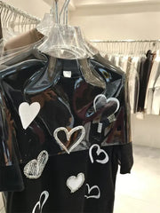 VINESU A25 - Heart Rhinestone & 3D Print Oversized Tee