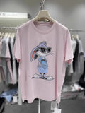 VINESU Cartoon Diamond Embellishments + Embroidered Bead Sunglasses Bunny Short-Sleeve T-Shirt
