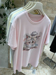 A183 - Cool Cat Graphic Tee - Hand-Embroidered Crystal Beaded Detail - 220g Premium Heavyweight Cotton