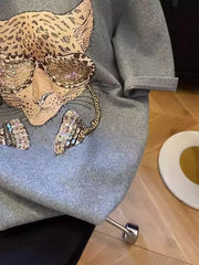 A92 - Luxury Hand-Beaded Leopard Tee | 220g Heavyweight Breathable Cotton | Premium Oversized Slouchy Top