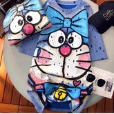VINESU A06 - Heavyweight Double-Layer Doraemon Sequin Oversized Tee with Distressing