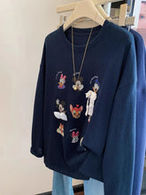 VINESU Navy Blue Vibe! Cartoon Printed Long-Sleeve T-Shirt with Style