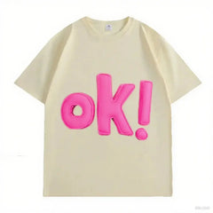 VINESU OK! Letter 3D - Decorated White T-shirts 💗 Unlock Casual Trendy Vibe-Pink