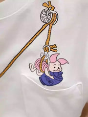 A102 - Winnie the Pooh Creative Pocket Graphic T-Shirt - 220g Heavyweight Pure Cotton Breathable Tee, Cute Cartoon Print Loose Fit Top