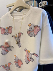 VINESU 3D Cute Flying Elephant Graphic Oversized Tee | Handmade Hat, Heart Necklace & Beaded Rhinestone Details