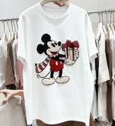 VINESU Christmas MK Mouse Textured Embroidered Red Short-Sleeve T-Shirt