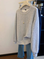 VINESU A42 Women’s Oversized Pearl Embellished Crewneck Sweatshirt | Floral Accent Casual Top