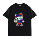 VINESU Sports Style Hello Kitty Football-Themed Textured Embroidered Short-Sleeve T-Shirt
