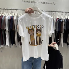A105 - 220g Heavyweight Cotton Creative 3D Cat Graphic T-Shirt with Handmade Beaded Glasses & Bowtie - Premium Loose Fit Tee